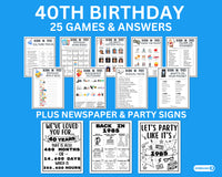 40th Birthday games and answers printable set for kids and adults with a 1985 newspaper and party signs