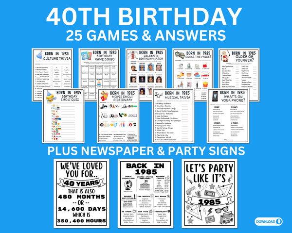 40th Birthday games and answers printable set for kids and adults with a 1985 newspaper and party signs