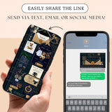 A hand holds a smartphone showing a custom ralph lauren baby shower invitation card design on its screen, next to a phone displaying a messaging chat with the link. Text at the top says 'EASILY SHARE THE LINK' and 'SEND VIA TEXT, EMAIL OR SOCIAL MEDIA!'.