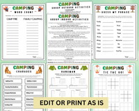 Printable Editable Camping Games Bundle For Kids & Adults | Family Campfire Party Ideas And Activities | Camp Quizzes Editable Template