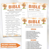 Bible-themed activity sheets including trivia, word find, and blind drawing on a white background.