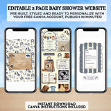 cute little cowboy clothes on clothesline baby shower invitation website editable with a free canva account, includes rsvp tracking, books for baby, google maps location, clickable gift registry, save the date and invitation your very own website that guests will love easy to edit publish and share via social media, text or email