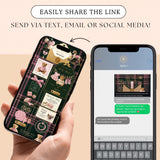 A hand holds a smartphone case on the left, showing a dark green and pink plaid design girls ralph lauren baby shower  invitaiton website with teddy bear and bow graphics, next to a smartphone displaying a messaging app with a link preview. Text at the top reads 'EASILY SHARE THE LINK' and 'SEND VIA TEXT, EMAIL OR SOCIAL MEDIA!'.