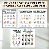 Printable birthday games and party signs for men and women born in 1986 turning 40 years old, 25 games with answers and 4 party signs including movie emoji pictionary, guess the price, celebrity birthdays pop culture trivia and more