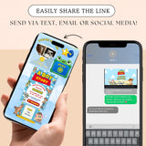 A promotional graphic showing two smartphones side by side on a pale peach background. The left phone is held in a hand and displays a colorful children's birthday invitation screen with cartoon characters and text like 'A Boy Story' and 'Play'.