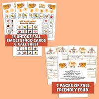 Fall-themed bingo cards and game sheets on a white background
