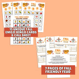 Fall-themed bingo cards and game sheets on a white background