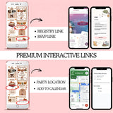 editable digital fall baby shower invitation website canva template sweater weather theme with rsvp included and premium party location, gift registry, add to calendar links plus diaper raffle and books for baby, simply edit, share and collect rsvps right in your free canva account
