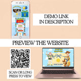 Promotional graphic showing a smartphone and laptop mockup with demo website content, plus text reading 'DEMO LINK IN DESCRIPTION' and 'PREVIEW THE WEBSITE,' along with a QR code and the instruction 'SCAN OR LONG PRESS TO VIEW.'.