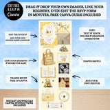 classic winnie the pooh baby shower website digital invitation editable with free canva account yellow gingham trackable rsvp, books for baby, google maps location, gift registry, drag and drop polaroid pictures, and more all editable by you immediately after purchase with a free canva account, guide included guests will love your baby shower website