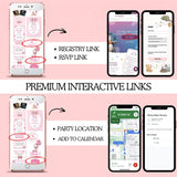 digital baby shower modern invitation website canva template in hello baby cute kitty theme comes with rsvp included, premium gift registry and party location links, and matching editable printable shower signs