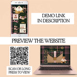 Promotional graphic for a digital baby shower web girls preppy polo site template, showing a smartphone and laptop mockup displaying a plaid-themed website design, with text reading 'DEMO LINK IN DESCRIPTION' and 'PREVIEW THE WEBSITE' plus a QR code.