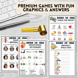 Printable birthday games and party signs for men and women born in 1986 turning 40 years old, 25 games with answers and 4 party signs including movie emoji pictionary, guess the price, celebrity birthdays pop culture trivia and more