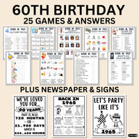 printable 60th birthday party games and decorations with answers and signs for kids and adults.