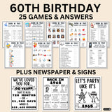 printable 60th birthday party games and decorations with answers and signs for kids and adults.