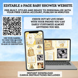 classic winnie the pooh baby shower website digital invitation editable with free canva account yellow gingham trackable rsvp, books for baby, google maps location, gift registry, drag and drop polaroid pictures, and more all editable by you immediately after purchase with a free canva account, guide included guests will love your baby shower website