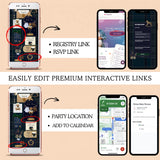 Promotional graphic showing smartphone mockups demonstrating editable interactive event links, with text reading 'EASILY EDIT PREMIUM INTERACTIVE LINKS' and bullet points for registry link, RSVP link, party location, and add to calendar.