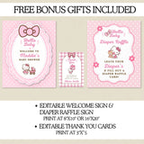 digital baby shower modern invitation website canva template in hello baby cute kitty theme comes with rsvp included, premium gift registry and party location links, and matching editable printable shower signs