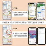 Promotional graphic showing smartphone mockups with example interactive invitation screens and app interface screens, labeled for party location link, instant RSVP, add to calendar, and gift registry link, on a beige background.