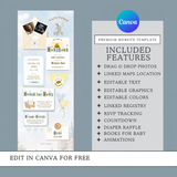 blue and yellow magical castle babyland invitation baby shower with diaper raffle, books for baby, linked google maps, linked registry, trackable rsvp, countdown timer, and more canva invitation website template easy to use and edit