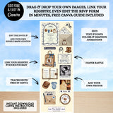cute little cowboy clothes on clothesline baby shower invitation website editable with a free canva account, includes rsvp tracking, books for baby, google maps location, clickable gift registry, save the date and invitation your very own website that guests will love easy to edit publish and share via social media, text or email