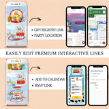 Promotional graphic showing smartphone mockups with editable interactive boy story toys baby shower invitation screens and app interface screens, labeled for features like gift registry link, party location, add to calendar, and RSVP link.