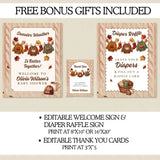 editable digital fall baby shower invitation website canva template sweater weather theme with rsvp included and premium party location, gift registry, add to calendar links plus diaper raffle and books for baby, simply edit, share and collect rsvps right in your free canva account