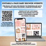 editable somebody berry sweet strawberry daisies themed baby shower website invitation editable with free canva account easy to use and share via text, email or social media your own website includes rsvp tracking, gift registry, books for baby, diaper raffle, polaroid drag and drop photo frames, google maps location comes with a guide your guests will love it