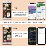 Promotional graphic showing smartphone mockups demonstrating editable interactive invitation links, with text reading 'EASILY EDIT PREMIUM INTERACTIVE LINKS' and callouts for gift registry link, party location, add to calendar, and RSVP link.