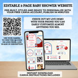 ready to pop soda themed baby shower editable canva website invitation, mobile invite website that is customized by you with a free canva account, trackable rsvps, books for baby, diaper raffle, drag and drop your own photos into polaroid frames change colors, themes text and more immediately after downloading then share via text, email or social media 