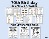 bundle of 70th birthday party games for women and men born in 1955 games and answers plus newspaper and party sign for adults and kids