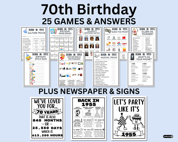 bundle of 70th birthday party games for women and men born in 1955 games and answers plus newspaper and party sign for adults and kids