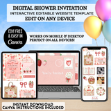 editable somebody berry sweet strawberry daisies themed baby shower website invitation editable with free canva account easy to use and share via text, email or social media your own website includes rsvp tracking, gift registry, books for baby, diaper raffle, polaroid drag and drop photo frames, google maps location comes with a guide your guests will love it