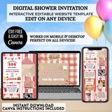 barbecue baby q  or co-ed baby shower gender neutral great for boys editable website invitation template for summer baby shower editable with a free canva account trackable rsvp, clickable gift registry, diaper raffle, books for baby, side dish request, drag and drop polaroid frames for your photos and more its totally interactive and easy to edit then share via text social media or email guests will love it