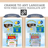 Promotional graphic for a customizable baby shower invitation template. The top text reads 'CHANGE TO ANY LANGUAGE WITH FREE CANVA TRANSLATE APP' with English and Spanish labels above two invitation designs.