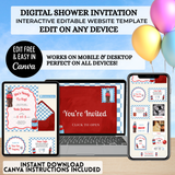 ready to pop soda themed baby shower editable canva website invitation, mobile invite website that is customized by you with a free canva account, trackable rsvps, books for baby, diaper raffle, drag and drop your own photos into polaroid frames change colors, themes text and more immediately after downloading then share via text, email or social media 