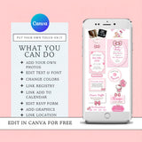 digital baby shower modern invitation website canva template in hello baby cute kitty theme comes with rsvp included, premium gift registry and party location links, and matching editable printable shower signs