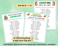 Printable Editable Camping Games Bundle For Kids & Adults | Family Campfire Party Ideas And Activities | Camp Quizzes Editable Template