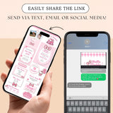 A promotional graphic showing two smartphones with pink Hello Kitty-style invitation templates. A hand holds the left phone, and the right phone displays a messaging conversation with the template link.