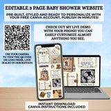 cute little cowboy clothes on clothesline baby shower invitation website editable with a free canva account, includes rsvp tracking, books for baby, google maps location, clickable gift registry, save the date and invitation your very own website that guests will love easy to edit publish and share via social media, text or email