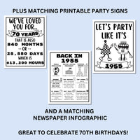 70th Birthday Printable Games Bundle | Born in 1955 Party Idea | 70th Bday Party Activities Man Woman 1954 Newspaper Poster Trivia Quiz