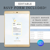 blue and yellow magical castle babyland invitation baby shower with diaper raffle, books for baby, linked google maps, linked registry, trackable rsvp, countdown timer, and more canva invitation website template easy to use and edit