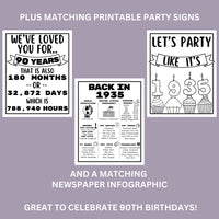 90th Birthday Printable Games Bundle | Born in 1935 Party Idea | 90th Bday Party Activities Man Woman 1934 Newspaper Poster Trivia Quiz