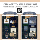 A promotional graphic showing two baby shower invitation templates side by side, labeled ENGLISH and ESPAÑOL, with large text above stating 'CHANGE TO ANY LANGUAGE WITH FREE CANVA TRANSLATE APP.' The templates feature a teddy bear, baby clothes, gifts, and plaid backgrounds in navy, beige, gold, and green.