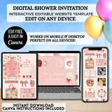 editable somebody berry sweet strawberry daisies themed baby shower website invitation editable with free canva account easy to use and share via text, email or social media your own website includes rsvp tracking, gift registry, books for baby, diaper raffle, polaroid drag and drop photo frames, google maps location comes with a guide your guests will love it