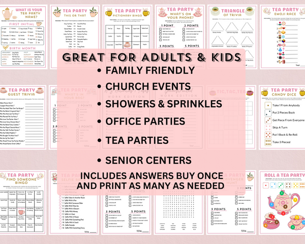 Printable Tea Party Games Adults Kids Toddler | Editable High Tea Quiz ...