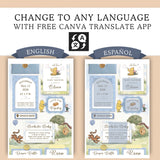 A promotional graphic showing two baby shower invitation templates side by side, labeled ENGLISH and ESPAÑOL, with large text above stating 'CHANGE TO ANY LANGUAGE WITH FREE CANVA TRANSLATE APP.' The templates feature a light blue and beige design with cartoon animal illustrations including Winnie the Pooh, Tigger, and Piglet, plus Google Maps and Books for Baby icons.