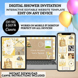 classic winnie the pooh baby shower website digital invitation editable with free canva account yellow gingham trackable rsvp, books for baby, google maps location, gift registry, drag and drop polaroid pictures, and more all editable by you immediately after purchase with a free canva account, guide included guests will love your baby shower website
