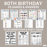 Printable bundle of 80th birthday party games newspaper signs and decorations with answers for born in 1945 kids and adults. 