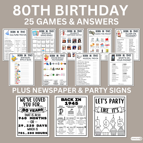 Printable bundle of 80th birthday party games newspaper signs and decorations with answers for born in 1945 kids and adults. 